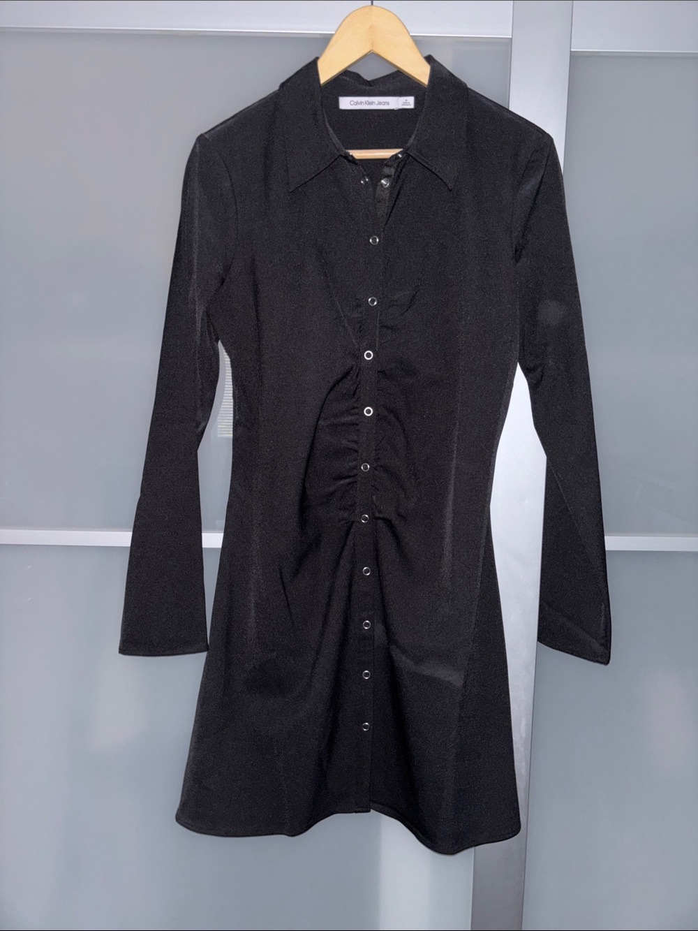 Calvin Klein Black Ruched Button-Front Long-Sleeve Shirt Dress